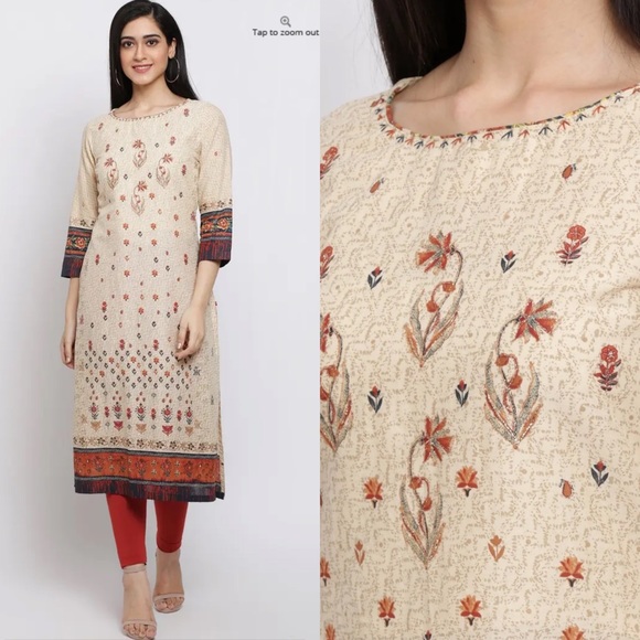 Cream Cotton Straight Kurta - Picture 3 of 4